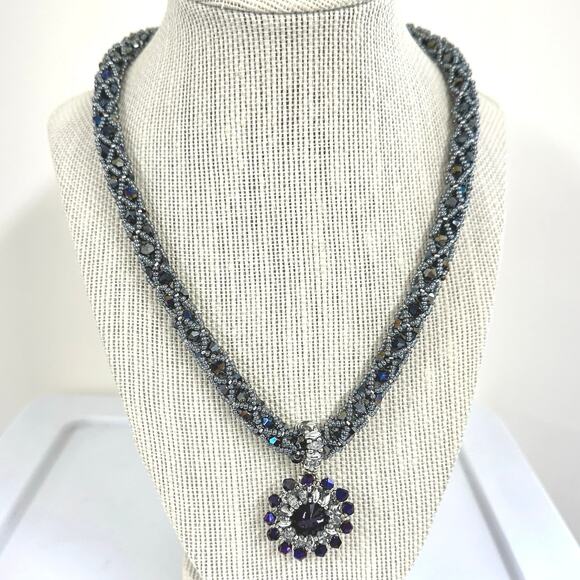 Black purple silver hand beaded necklace 12mm hand bezeled purple crystal 21" - Picture 4 of 8